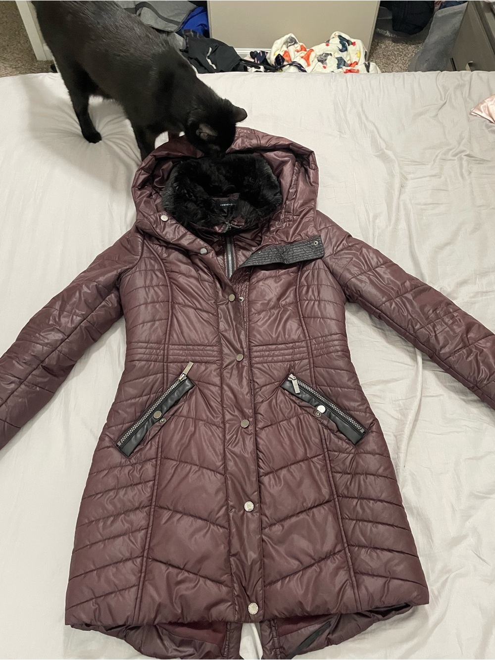 French Connection Burgundy Quilted Hooded Puffer Coat with Faux Fur Trim